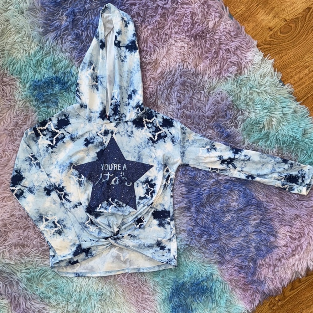 Blue Tie-Dye Hooded Top with Star Design